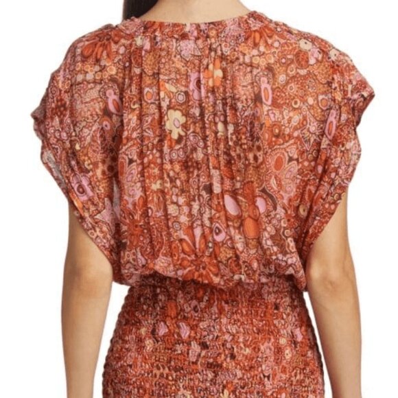 A.L.C. Carly Floral Silk Smocked Mini Dress Cap Sleeve Multicolor Chiffon - Picture 13 of 16